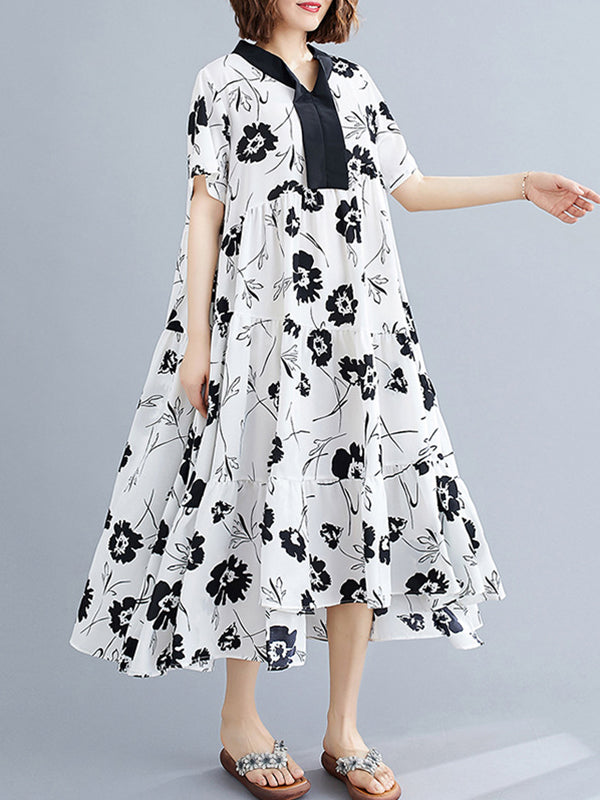 Artistic Retro Loose Floral Printed Pleated Midi Dress
