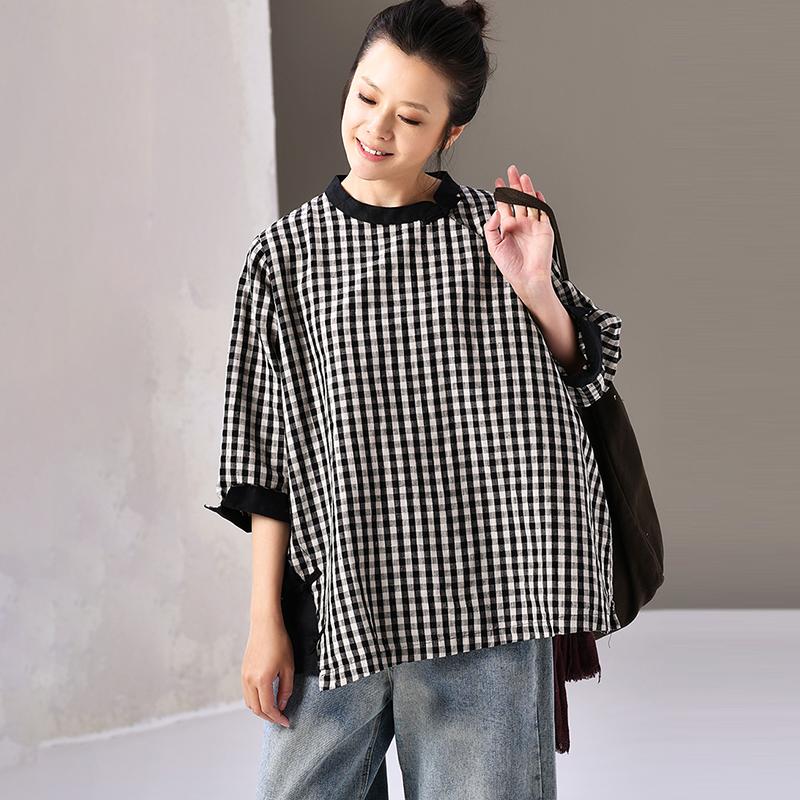 Buykud Retro Plaid Spliced Comfortable Pullover Blouse