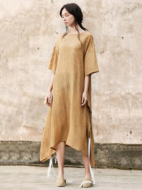 Ginger Yellow Raised Bands Bow-embellished Wide Sleeves Long Dress