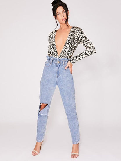 Fashion Deep V-neck Leopard Jumpsuits