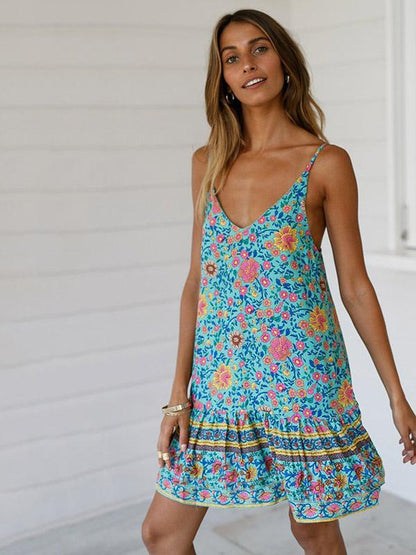 Printed Falbala Hem Condole Belt Mini Dress