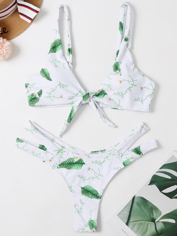Printed Knotted Split Bikini Swimsuit