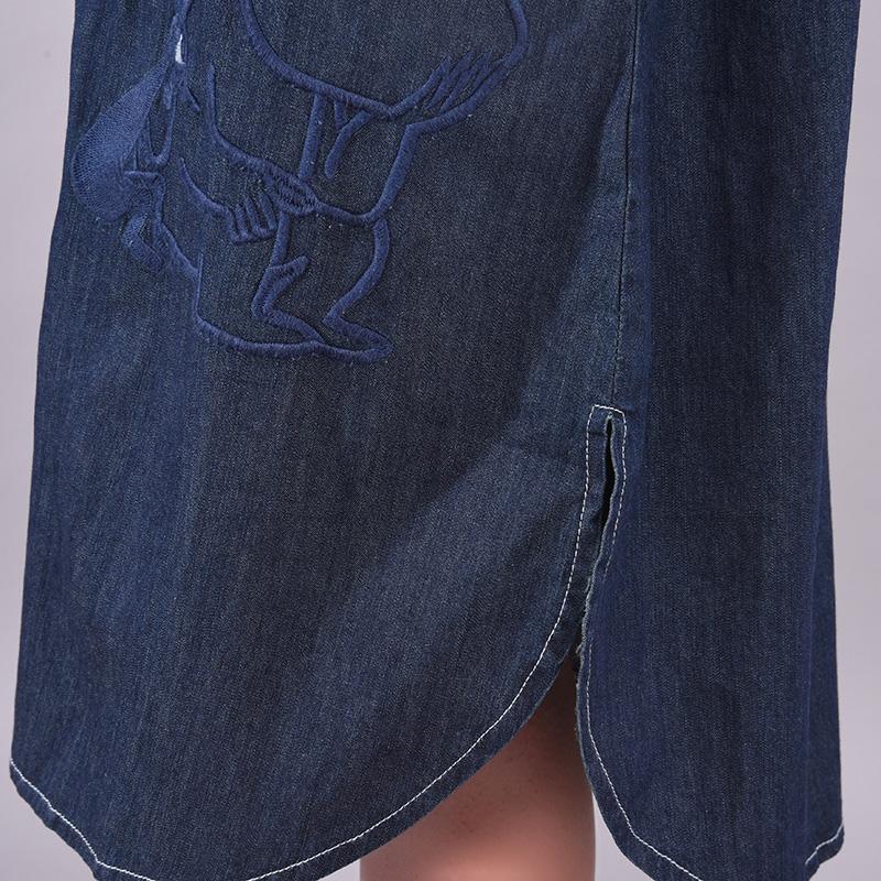 Buykud Cute Embroidered Umbrella Casual Denim Dress