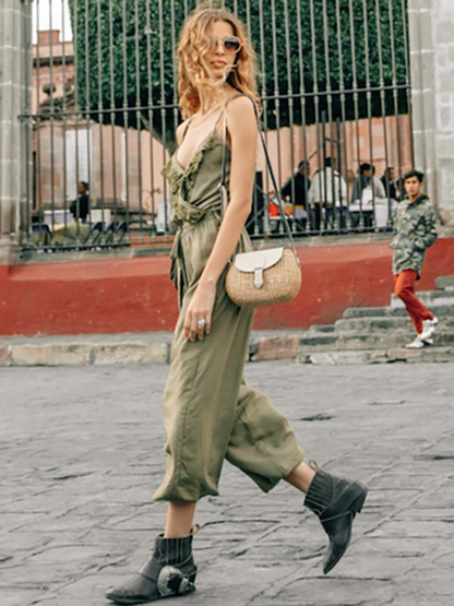 Spaghetti-neck Belted Lacy Jumpsuits