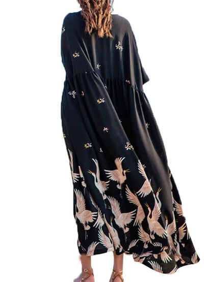 Stylish Crane Print Split-Joint Pleated Half Sleeves Maxi Dress