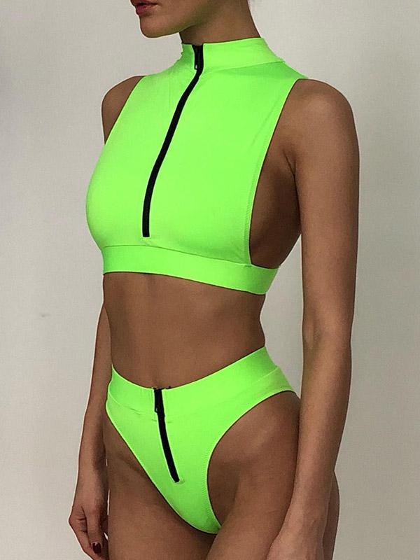 Turtlenecks Zippers Split Bikini Swimsuit