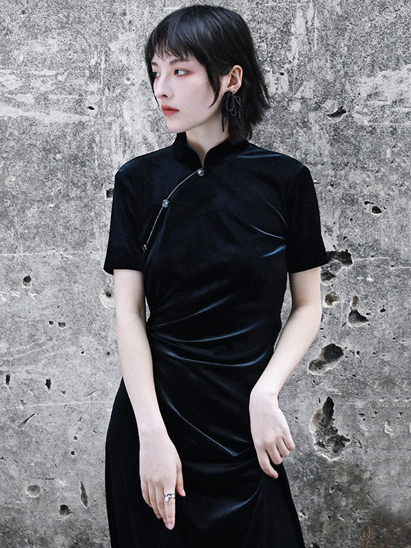 Vintage Tie-Dyed Buttoned Stand Collar Short Sleeves Cheongsam Dress