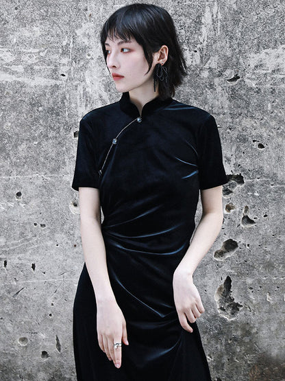 Vintage Tie-Dyed Buttoned Stand Collar Short Sleeves Cheongsam Dress