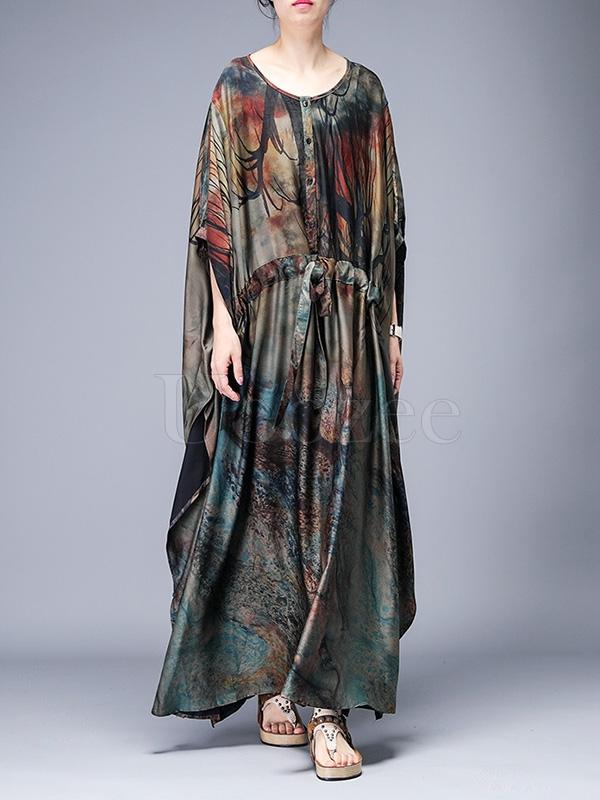 Loose Lace-up Printed Long Dress