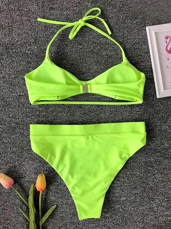Solid Color Simple Bandage Split Bikini Swimsuit