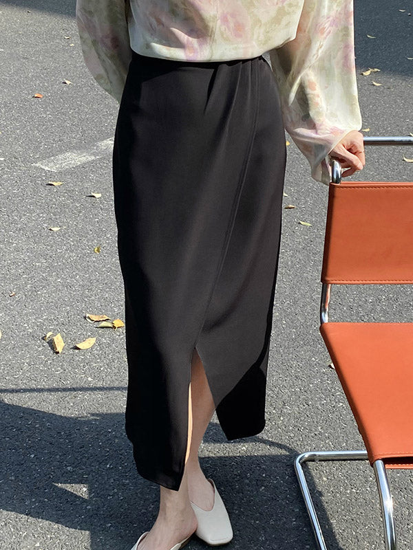 Stylish Solid Color Asymmetric Split-Front Elastics A-Line Skirts