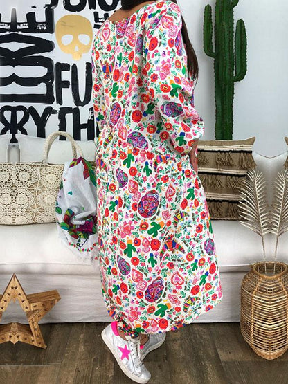 Plus Size Printed Long Sleeve Midi Dress