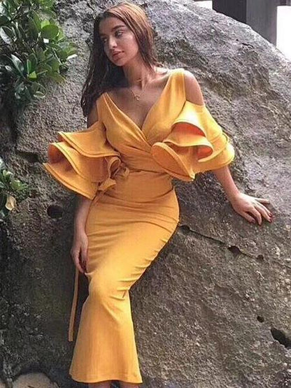 Simple 3 Colors V-neck Midi Dress