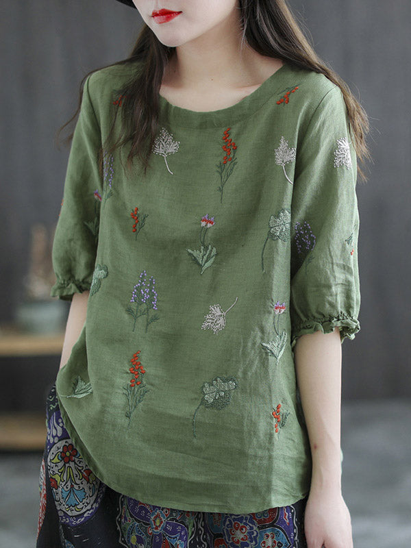 Ramie Cotton Embroidered Round-Neck Short Sleeve T-Shirts Tops
