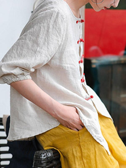 Casual Retro Linen Frog Blouses