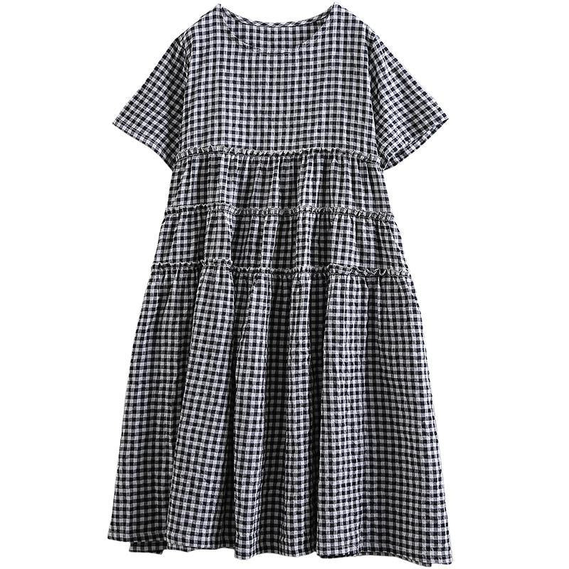 Cotton Linen Short Sleeve Plaid Dress