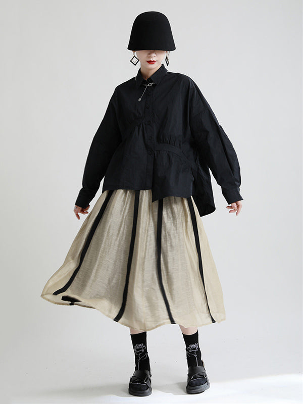 Original Irregular Solid Color Split-Joint Pleated Buttoned Lapel Collar Long Sleeves Blouse