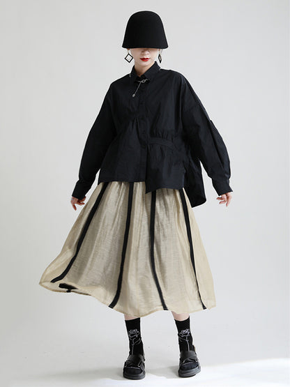 Original Irregular Solid Color Split-Joint Pleated Buttoned Lapel Collar Long Sleeves Blouse