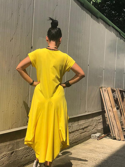 Short Sleeve Double Pockets Irregular Maxi Dress