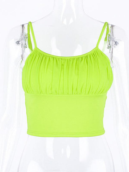 Solid Pleated Spaghetti-neck Vest Top
