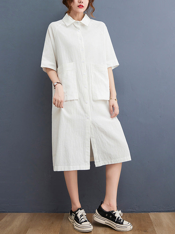 Original Solid Color With Pocket Lapel Shirt Dress