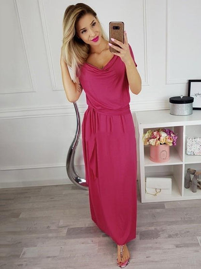 Casual Belted Short Sleeve Maxi Dress