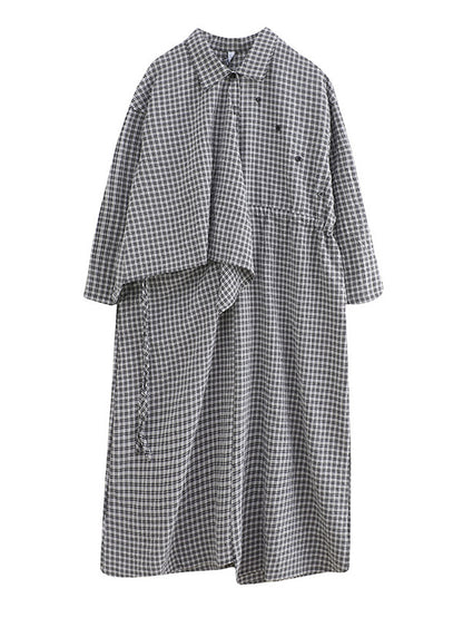 Artistic Retro Irregular Split-Joint Plaid Pleated Buttoned Elasticity Waist Lapel Collar Long Sleeves Midi Shirt Dress