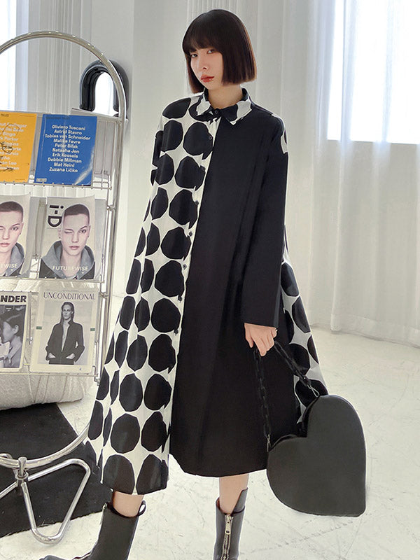 Stylish Irregular Polka-Dot Spit-Joint Buttoned Lapel Collar Long Sleeves Midi Shirt Dress