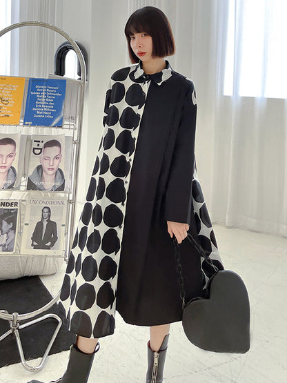 Stylish Irregular Polka-Dot Spit-Joint Buttoned Lapel Collar Long Sleeves Midi Shirt Dress