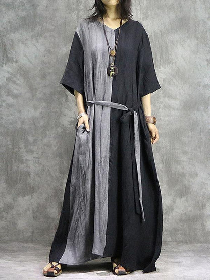 Split-joint Lace-up Cotton Long Dress
