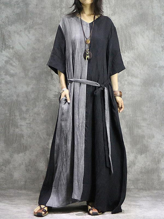 Split-joint Lace-up Cotton Long Dress