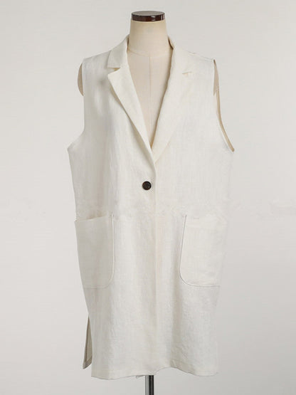 Simple Solid Color Split-Joint With Pocket Linen Notched Collar Vest Outwear