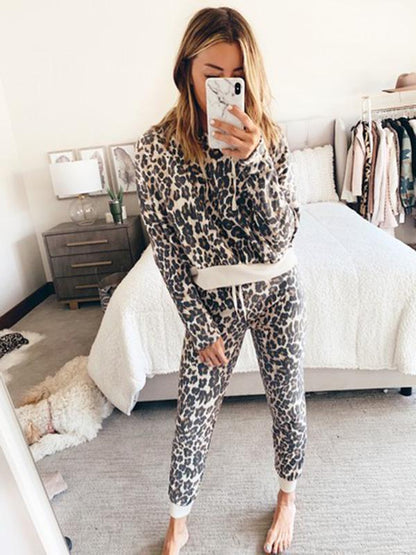 Leopard Drawstring Hoodie&Pants Suits
