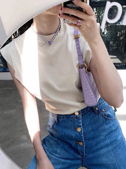 Simple Solid Color Round-Neck Cap-Sleeve Vest T-Shirt Tops