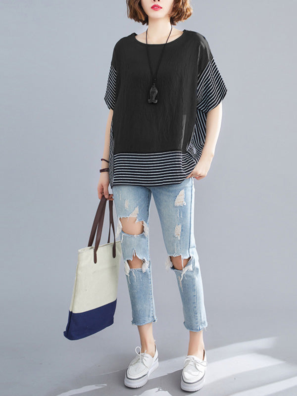 Vintage Ramie Cotton Striped Split-Joint Batwing Sleeves Round-Neck T-Shirt