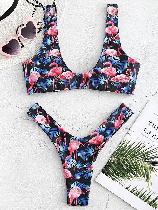 High Cut Flamingo Printed Bikinis Swimwear