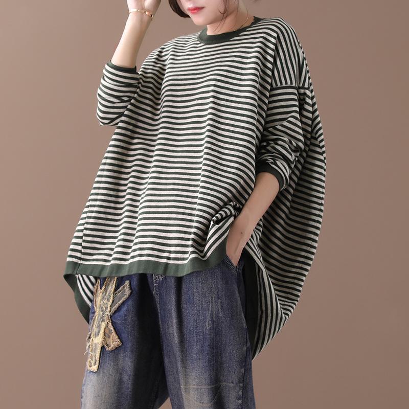 Buykud Ultra-loose Classic Striped Round Neck Blouse