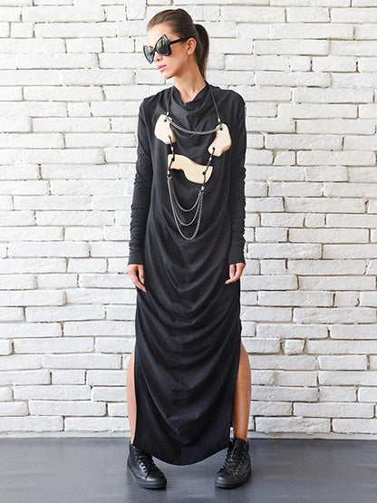 Stylish Black Pleats Heaps Collar Split-Side Long Sleeve Maxi Dress