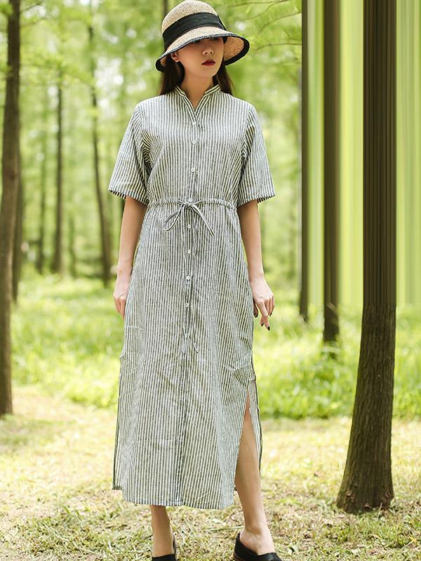 Artistic Retro Striped Shirt Dress