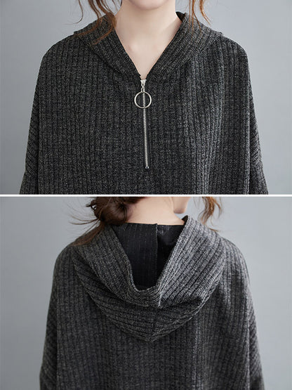 Urban Solid Color Knitting Batwing Sleeves Hoodies Top