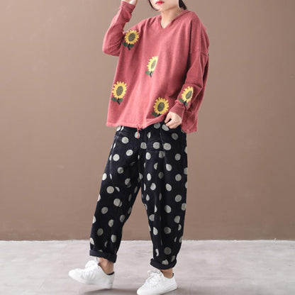 Buykud Casual Floral Printed Loose Knitted Hoodie
