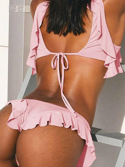 V-Neck Flounce Solid Color Split Bikini Swimsuit