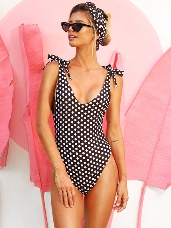 Polka-Dot Knotted Backless One-Piece Swimwear