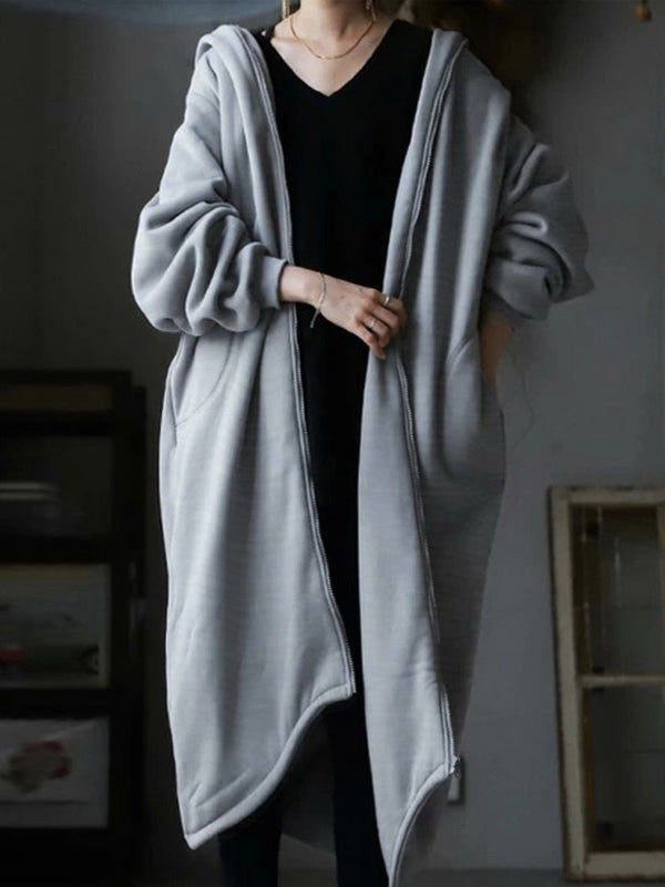 Urban Hooded Solid Color Zipper Batwing Sleeve Long Outerwear