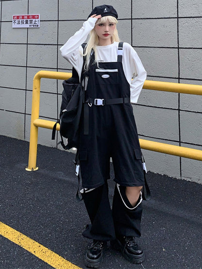 Cool Street Split-Joint With Pocket Zipper Printed Square-Neck Wide Legs Overalls