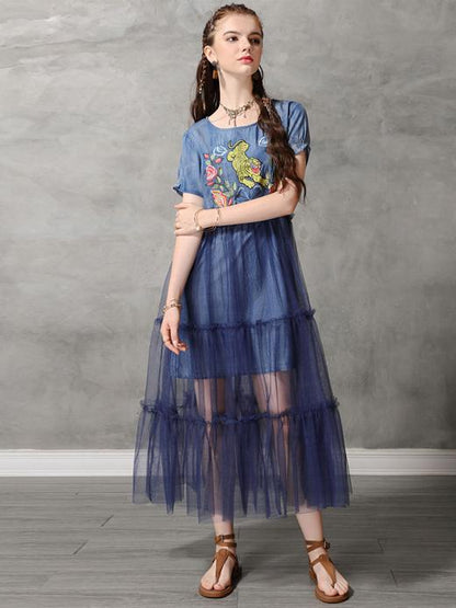 Mesh Split-joint Embroidered Midi Dress