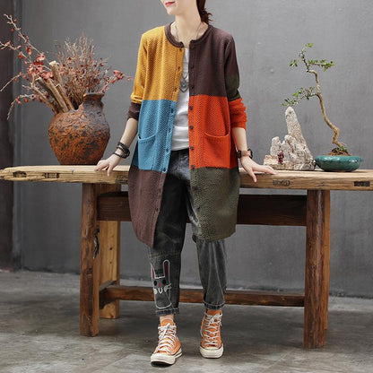 Buykud Retro Loose Colorblock Single-breasted Long Coat