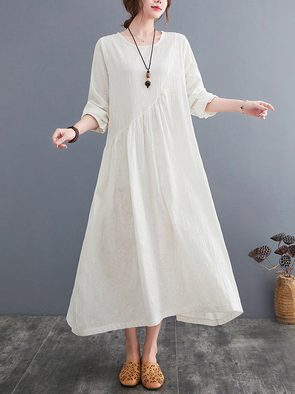 Casual Simple Solid Color Pleated Round-Neck Long Sleeves Midi Dress