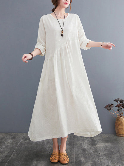 Casual Simple Solid Color Pleated Round-Neck Long Sleeves Midi Dress