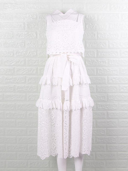 Sexy High Waist Hollow Lace Slip Cake Midi Dress